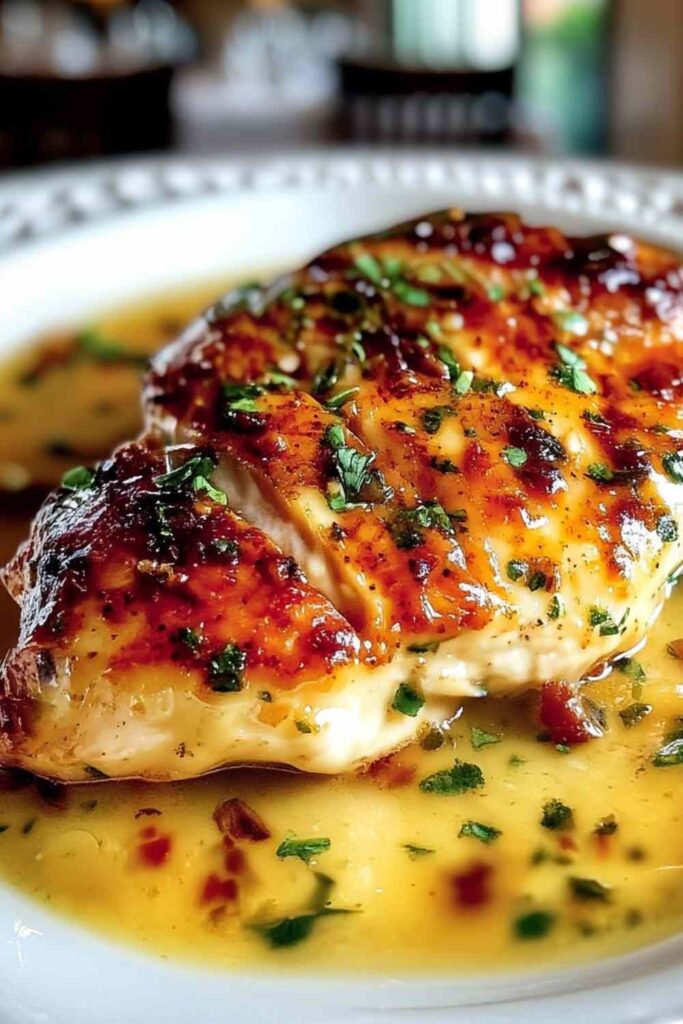 Morton's Steakhouse Chicken Christopher in a skillet with buttery garlic cream sauce and mushrooms