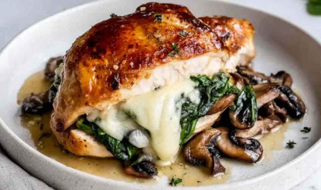 Mushroom stuffed chicken breast on white plate with melted mozzarella and golden seared exterior