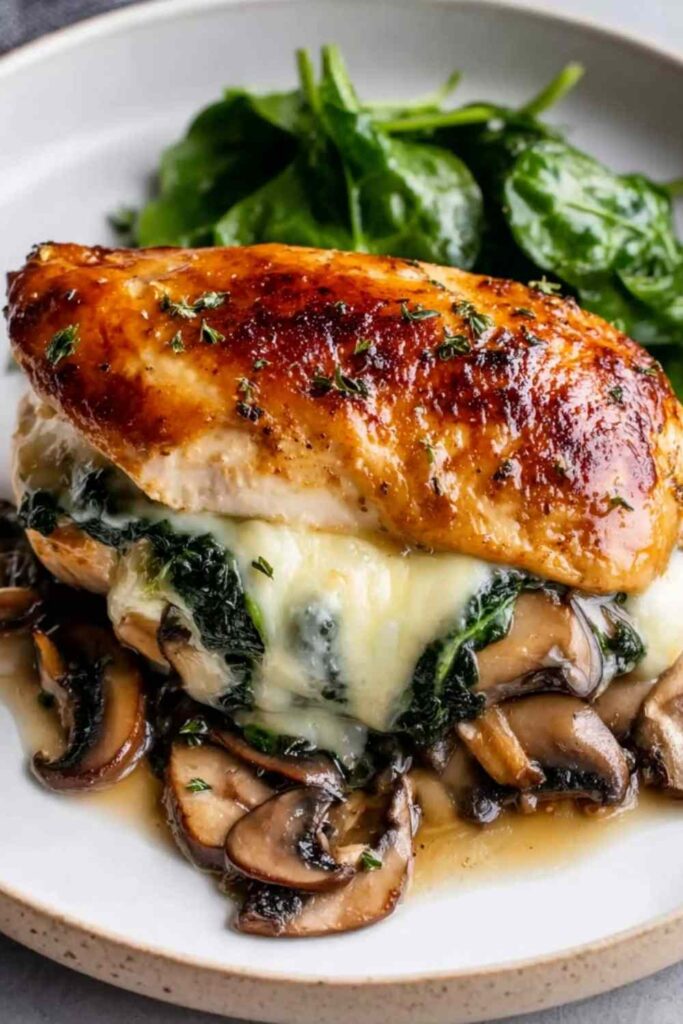 Mushroom stuffed chicken breast on white plate with melted mozzarella and golden seared exterior