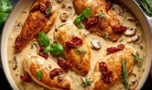 One Pan Marry Me Chicken in creamy sun-dried tomato sauce garnished with fresh basil