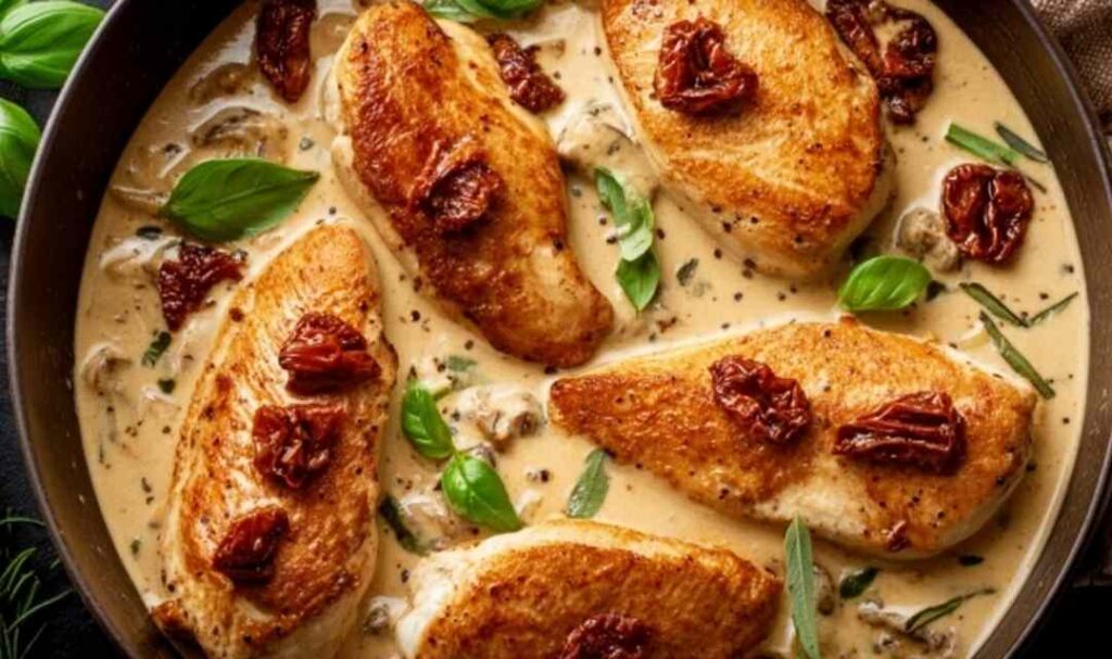 One Pan Marry Me Chicken in creamy sun-dried tomato sauce garnished with fresh basil
