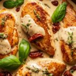 One Pan Marry Me Chicken in creamy sun-dried tomato sauce garnished with fresh basil