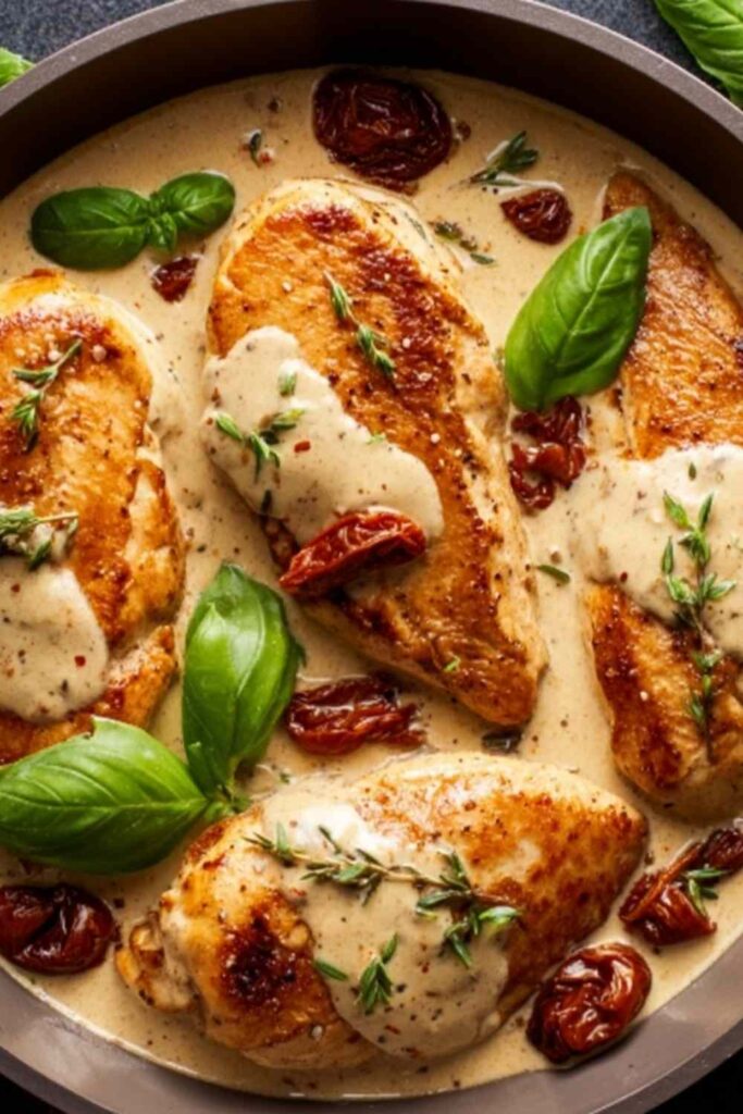 One Pan Marry Me Chicken in creamy sun-dried tomato sauce garnished with fresh basil