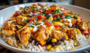 One pot cheesy southwest chicken rice in Dutch oven with melted cheddar cheese and cilantro garnish
