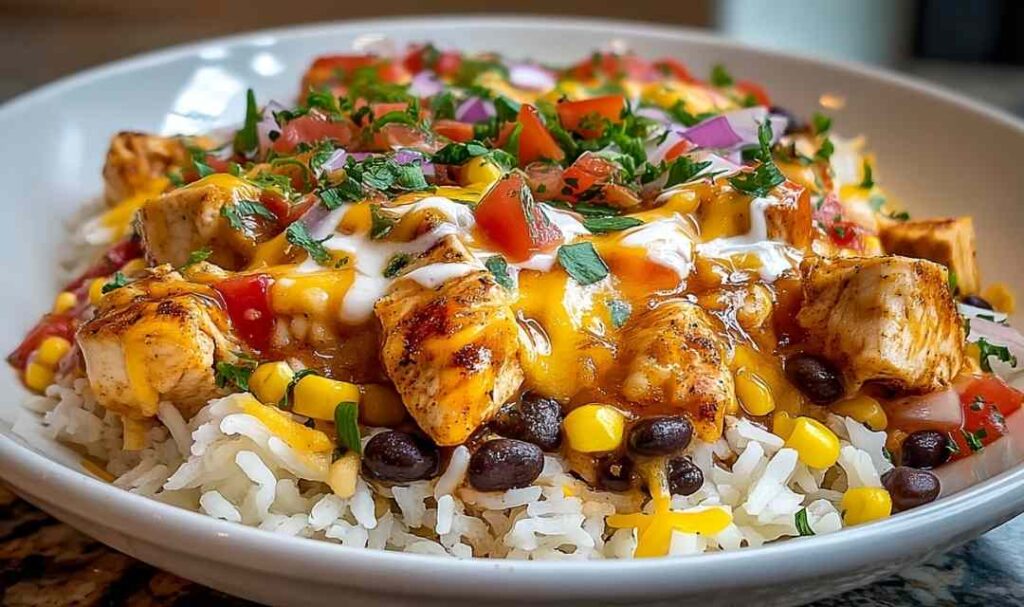 One pot cheesy southwest chicken rice in Dutch oven with melted cheddar cheese and cilantro garnish