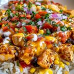 One pot cheesy southwest chicken rice in Dutch oven with melted cheddar cheese and cilantro garnish