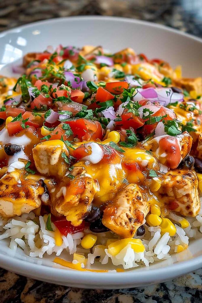 One pot cheesy southwest chicken rice in Dutch oven with melted cheddar cheese and cilantro garnish