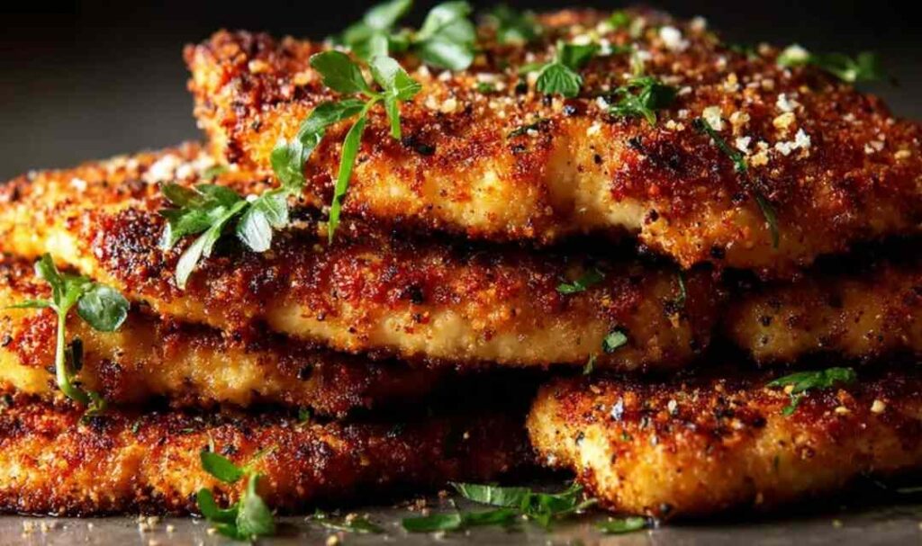 Golden brown Parmesan crusted chicken on a white plate with roasted vegetables