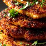 Golden brown Parmesan crusted chicken on a white plate with roasted vegetables