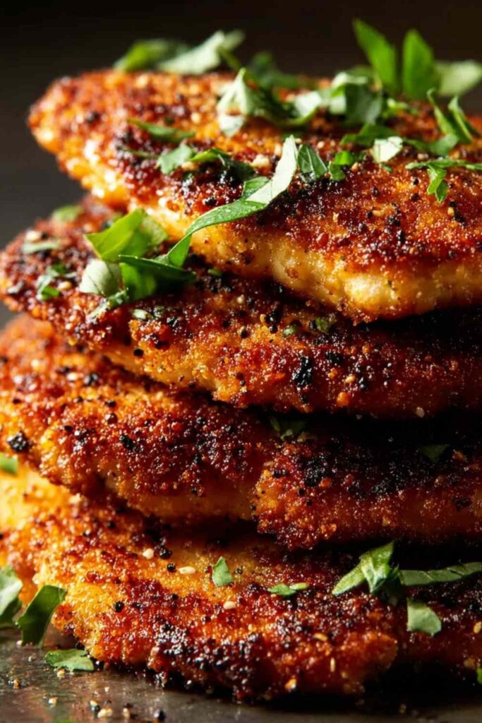Golden brown Parmesan crusted chicken on a white plate with roasted vegetables