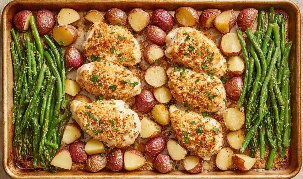 Parmesan Crusted Chicken Sheet Pan Dinner with golden chicken, crispy potatoes, and green beans on white serving platter