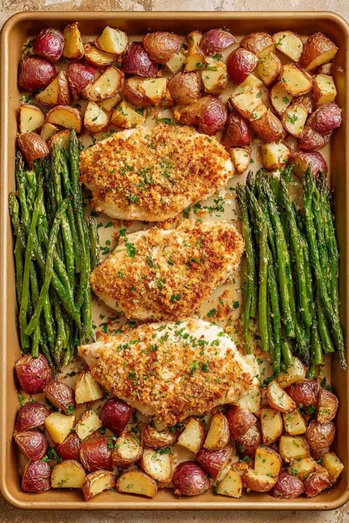 Parmesan Crusted Chicken Sheet Pan Dinner with golden chicken, crispy potatoes, and green beans on white serving platter