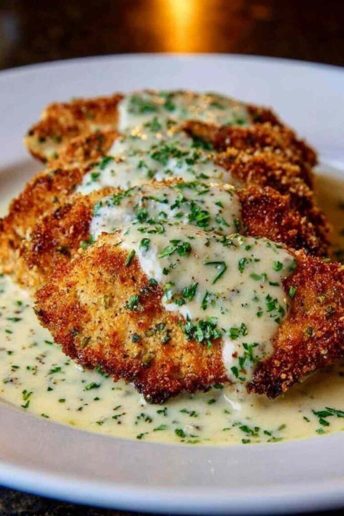Parmesan Crusted Chicken with Creamy Garlic Sauce 6 Golden parmesan crusted chicken cutlets in creamy garlic sauce on white plate