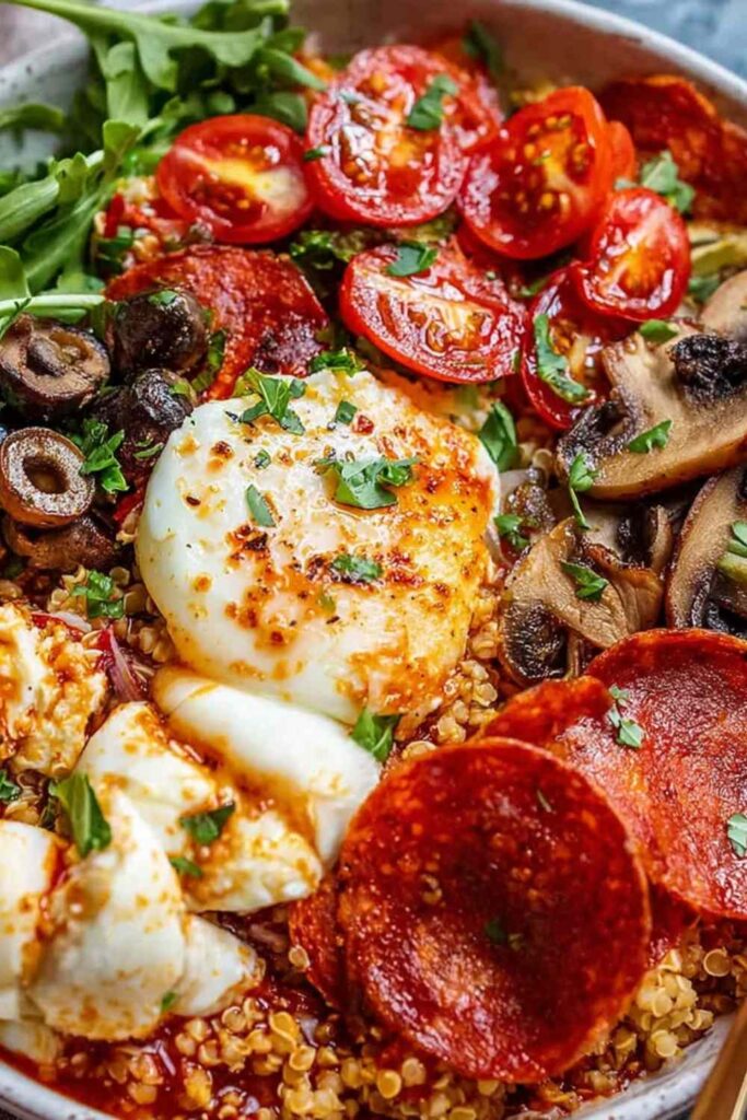 Pizza Protein Bowl 6 Pizza protein bowl with shredded chicken, quinoa, melted mozzarella, bell peppers, and pizza sauce in a white bowl