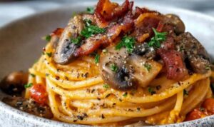 Pumpkin mushroom spaghetti with crispy bacon on a white plate garnished with parsley and parmesan cheese