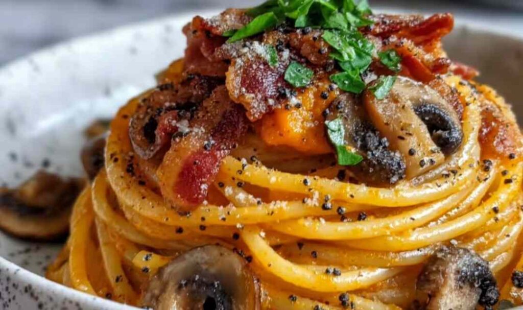 Pumpkin mushroom spaghetti with crispy bacon on a white plate garnished with parsley and parmesan cheese