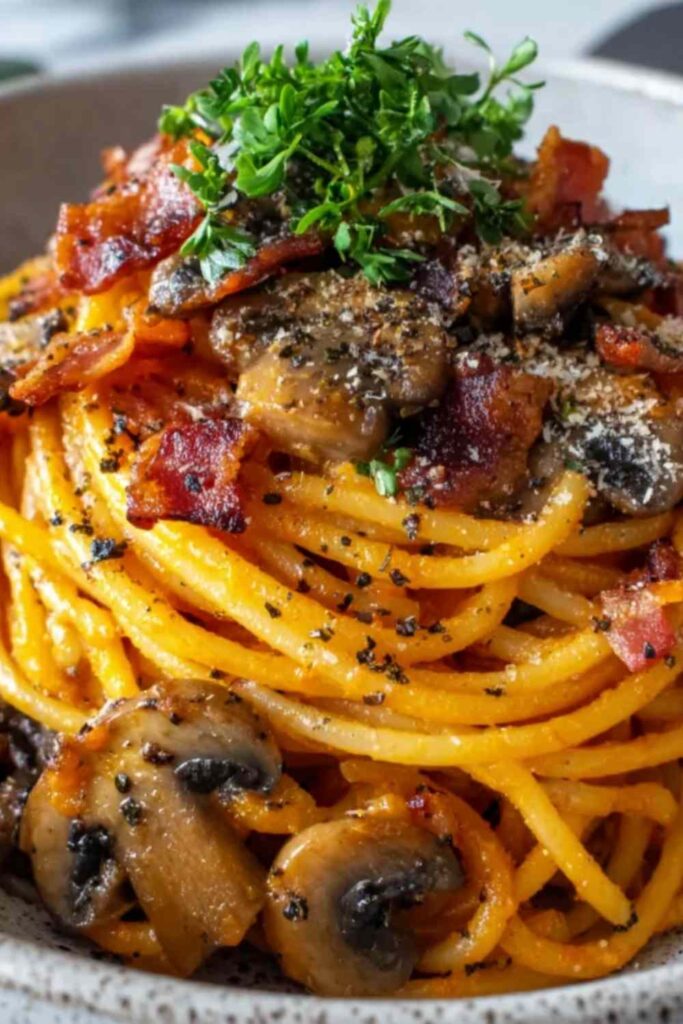 Pumpkin mushroom spaghetti with crispy bacon on a white plate garnished with parsley and parmesan cheese