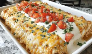 Queso chicken enchiladas baked in a white casserole dish with bubbling Velveeta queso sauce on top
