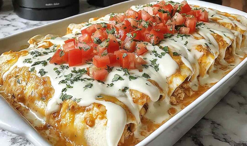 Queso Chicken Enchiladas 5 Queso chicken enchiladas baked in a white casserole dish with bubbling Velveeta queso sauce on top
