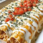 Queso chicken enchiladas baked in a white casserole dish with bubbling Velveeta queso sauce on top