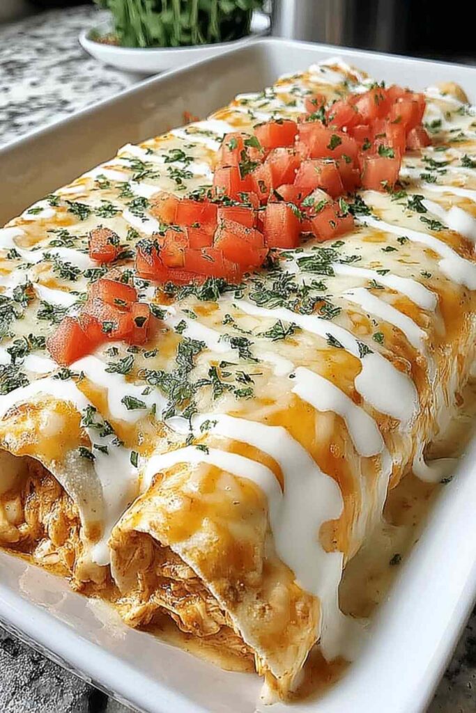 Queso Chicken Enchiladas 6 Queso chicken enchiladas baked in a white casserole dish with bubbling Velveeta queso sauce on top