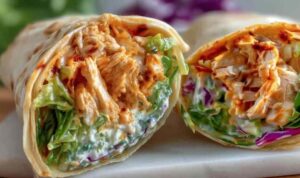 Spicy buffalo chicken wraps cut in half showing shredded chicken, lettuce, and carrots inside flour tortilla
