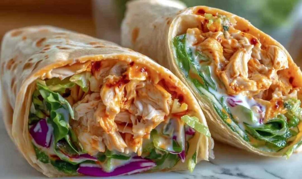 Spicy buffalo chicken wraps cut in half showing shredded chicken, lettuce, and carrots inside flour tortilla