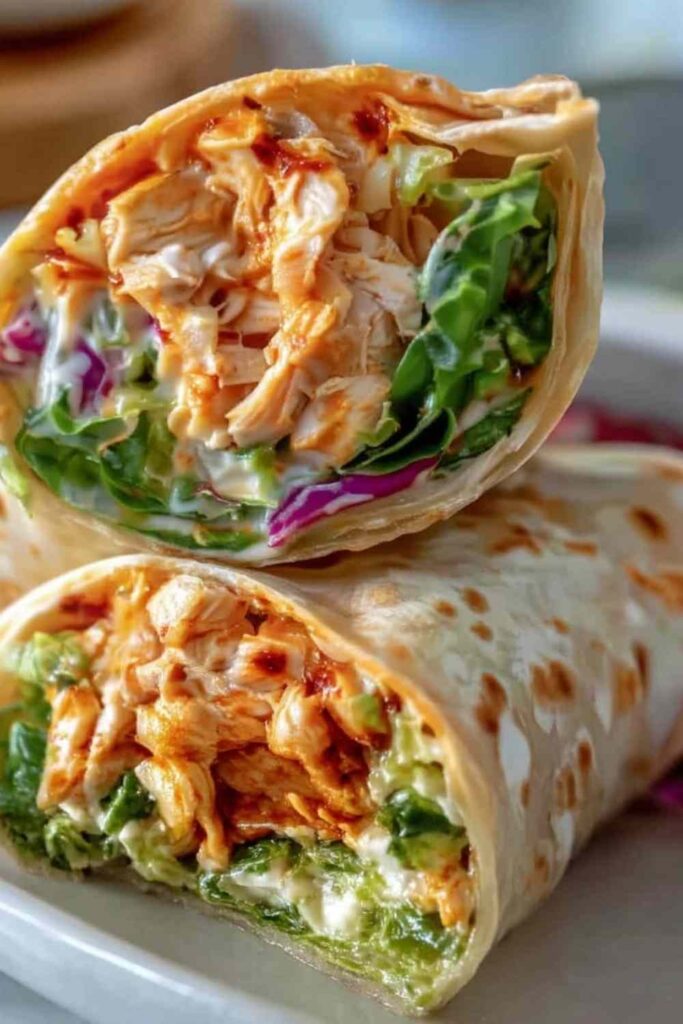 Spicy buffalo chicken wraps cut in half showing shredded chicken, lettuce, and carrots inside flour tortilla
