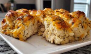 4-Ingredient Ranch Chicken Bake Easy ranch chicken bake with melted cheddar cheese fresh from the oven in a white baking dish