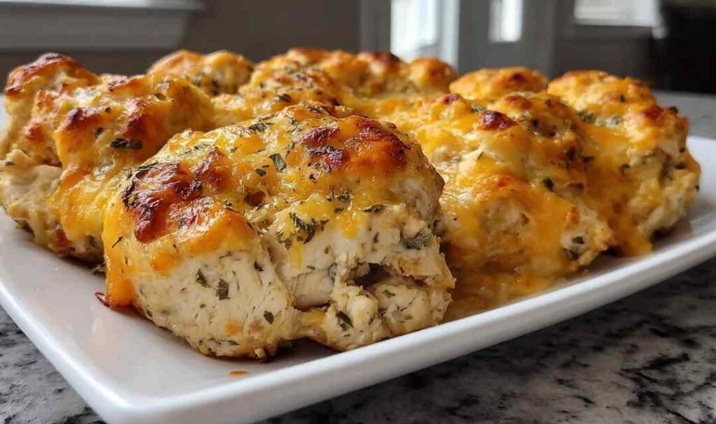 4-Ingredient Ranch Chicken Bake 5 Easy ranch chicken bake with melted cheddar cheese fresh from the oven in a white baking dish