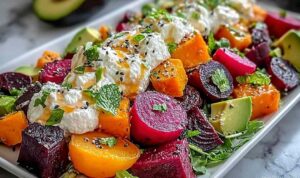 Roasted Beet Sweet Potato Avocado Salad Roasted beet sweet potato salad with avocado and lime dressing in a large bowl