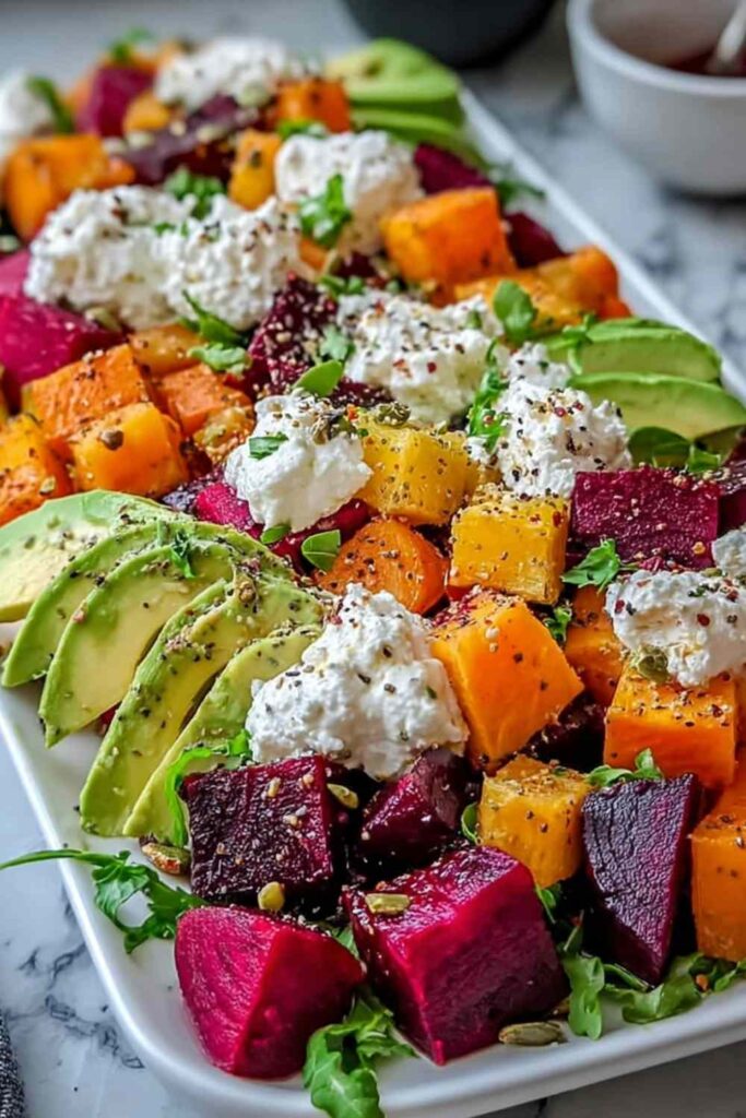 Roasted beet sweet potato salad with avocado and lime dressing in a large bowl