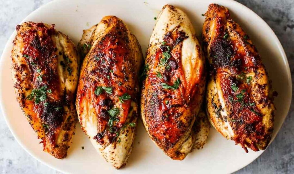 Golden roasted bone-in chicken breasts with crispy skin on white plate with roasted vegetables