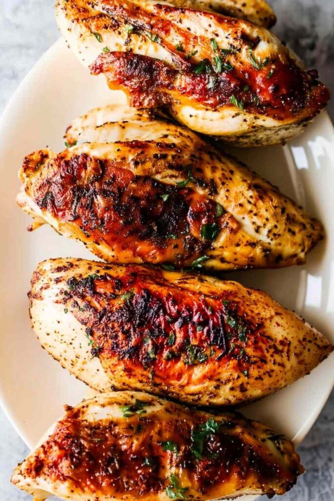 Golden roasted bone-in chicken breasts with crispy skin on white plate with roasted vegetables