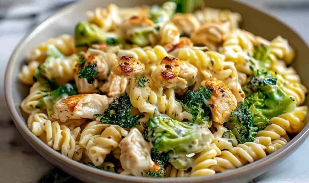 Creamy rotisserie chicken broccoli pasta in white bowl with fork