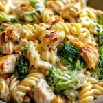 Creamy rotisserie chicken broccoli pasta in white bowl with fork