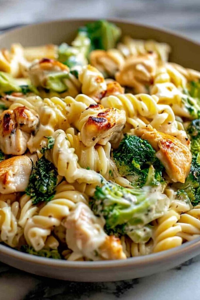Creamy rotisserie chicken broccoli pasta in white bowl with fork