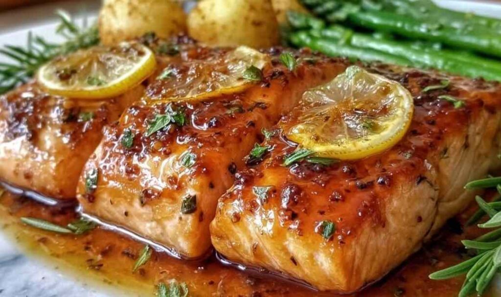 Salmon with brown sugar glaze baked on a parchment-lined sheet pan garnished with sliced green onions and sesame seeds