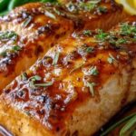 Salmon with brown sugar glaze baked on a parchment-lined sheet pan garnished with sliced green onions and sesame seeds