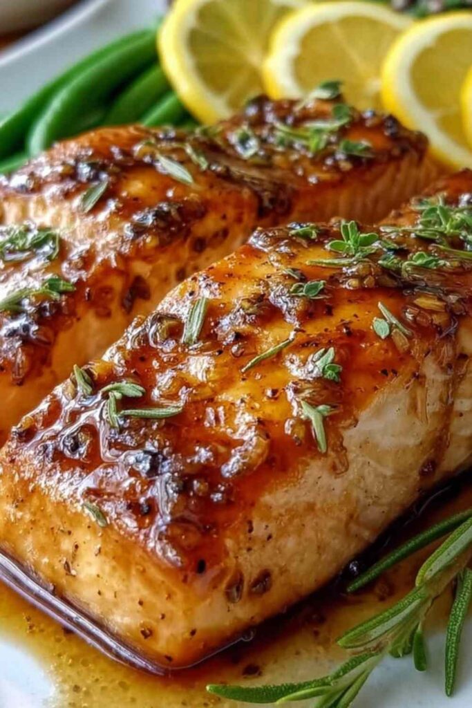 Salmon with brown sugar glaze baked on a parchment-lined sheet pan garnished with sliced green onions and sesame seeds