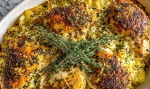 Savory baked herb chicken casserole in white dish with golden breadcrumb topping and fresh parsley