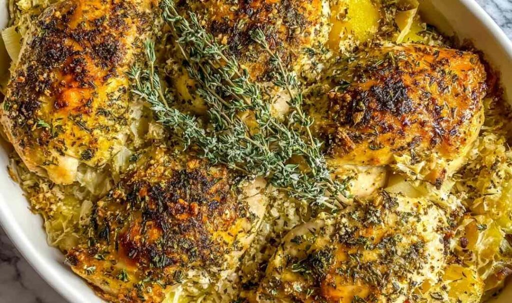 Savory baked herb chicken casserole in white dish with golden breadcrumb topping and fresh parsley