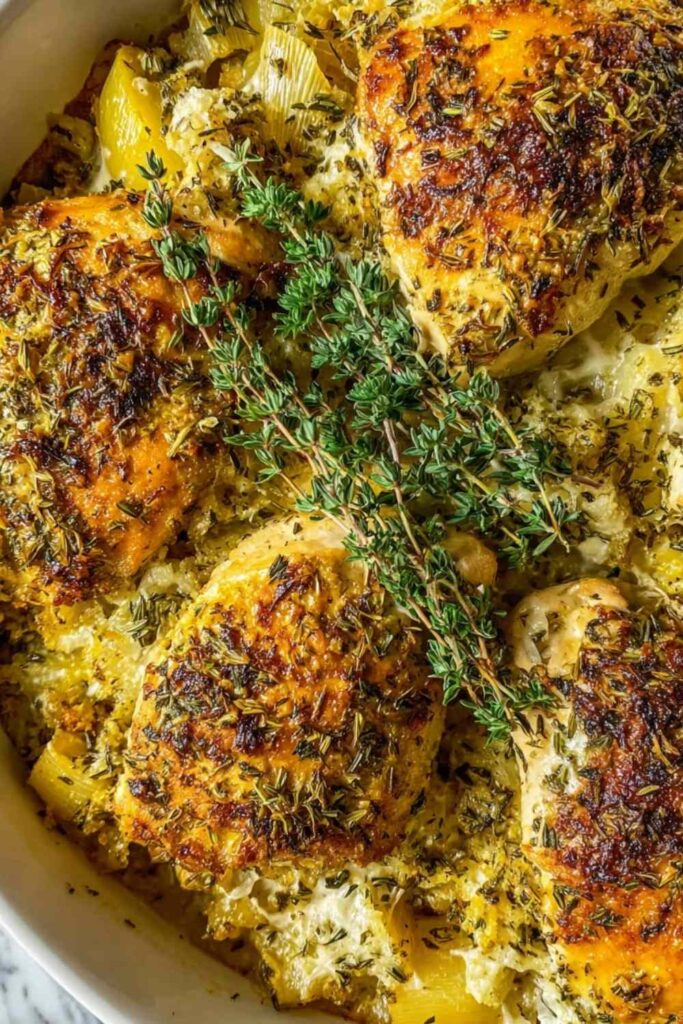 Savory baked herb chicken casserole in white dish with golden breadcrumb topping and fresh parsley