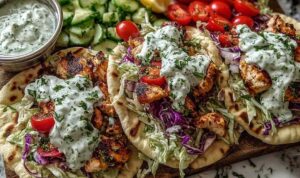 Sheet pan chicken pitas with fresh herb ranch slaw on a wooden board topped with cucumber, cherry tomatoes, and red onion