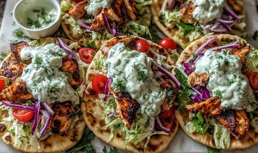 Sheet pan chicken pitas with fresh herb ranch slaw on a wooden board topped with cucumber, cherry tomatoes, and red onion