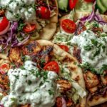 Sheet pan chicken pitas with fresh herb ranch slaw on a wooden board topped with cucumber, cherry tomatoes, and red onion