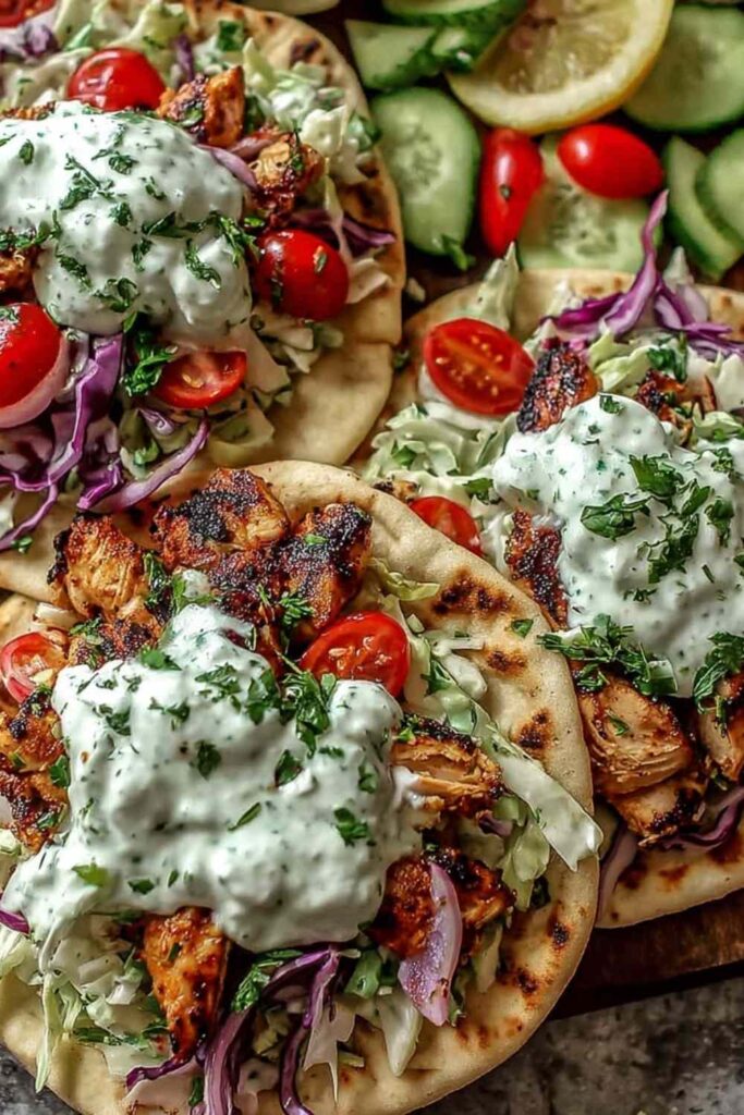 Sheet pan chicken pitas with fresh herb ranch slaw on a wooden board topped with cucumber, cherry tomatoes, and red onion