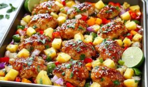 Sheet Pan Hawaiian Chicken with pineapple chunks and colorful bell peppers on baking sheet ready to serve
