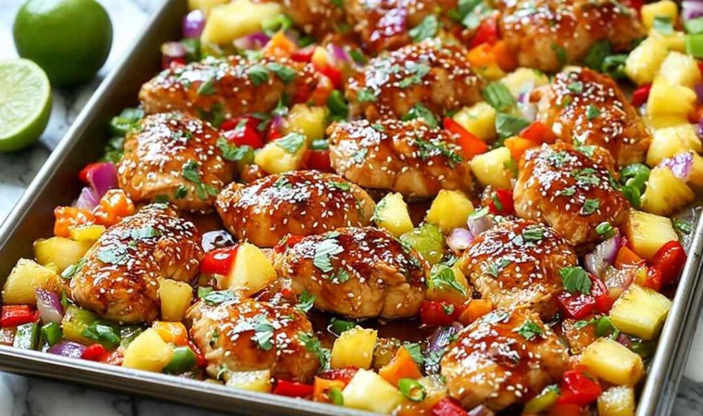 Sheet Pan Hawaiian Chicken with pineapple chunks and colorful bell peppers on baking sheet ready to serve