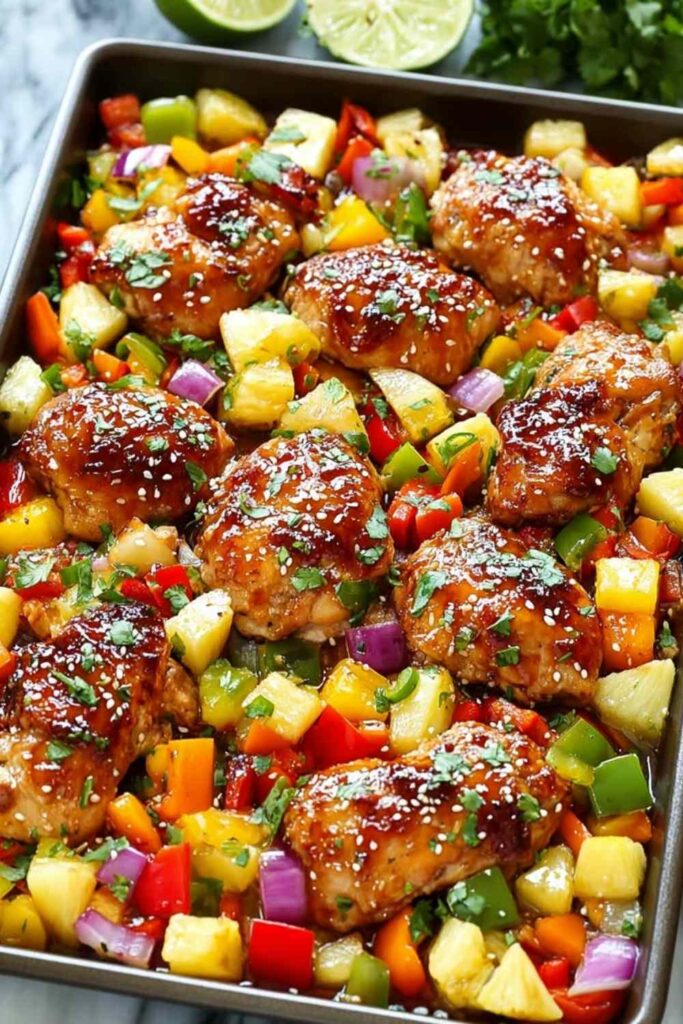 Sheet Pan Hawaiian Chicken with pineapple chunks and colorful bell peppers on baking sheet ready to serve